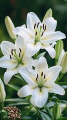 Fototapeta premium White Lily Flowers Blooming with Brown Seeds and Green Foliage on a Dark Blurred Background