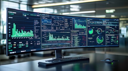 Futuristic investment portfolio dashboard modern office data visualization digital environment high-tech viewpoint