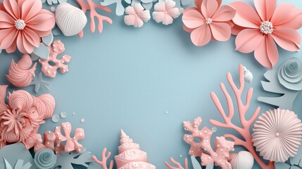 Coral Pink Background with Seashells and Floral Elements for Art Projects