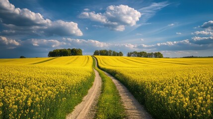 Obraz premium Sunny day, dirt road through yellow rapeseed field, trees in background, idyllic landscape, perfect for travel brochures