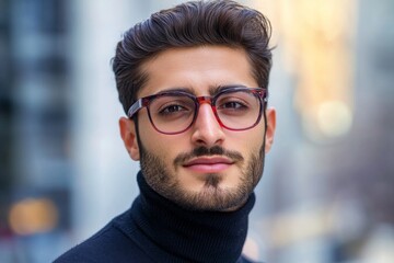 Obraz premium A man with glasses and a beard is wearing a black sweater