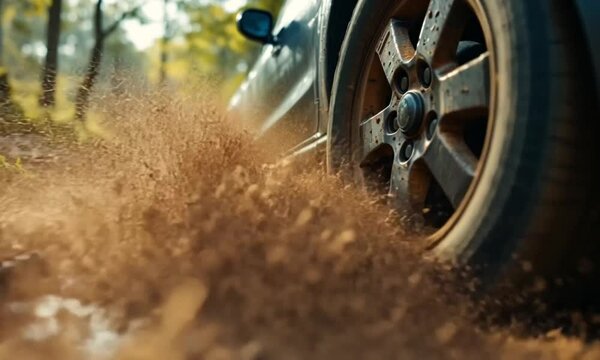 Off-road vehicle tire splashing mud