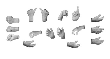 Obraz premium Set of elderly female hands making various gestures, including grabbing, fist, pointing, thumbs up, pinching, and reaching. Wrinkled fingers and visible veins emphasizing age and expression. Isolated