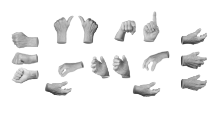 Set of elderly female hands making various gestures, including grabbing, fist, pointing, thumbs up, pinching, and reaching. Wrinkled fingers and visible veins emphasizing age and expression. Isolated