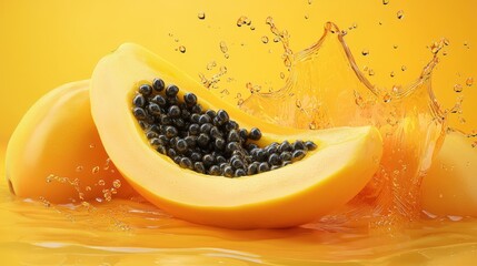 Fresh Papaya Juice Splash on Vibrant Tropical Orange Background