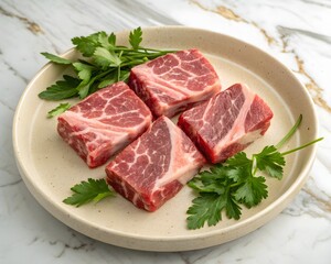 raw marbled beef short ribs with fresh parsley garnish on marble plate