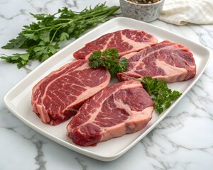 Fototapeta premium Fresh Ribeye Steaks with Parsley on a Marble Background
