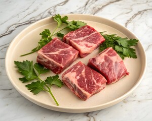 Fototapeta premium raw marbled beef short ribs with fresh parsley garnish on marble plate
