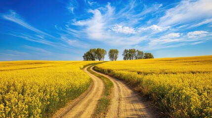 Fototapeta premium Winding road through yellow field, trees, blue sky; scenic travel