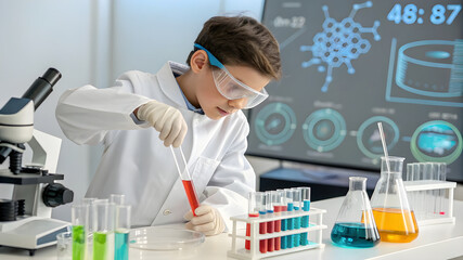 Fototapeta premium Student working n laboratory with test tubes