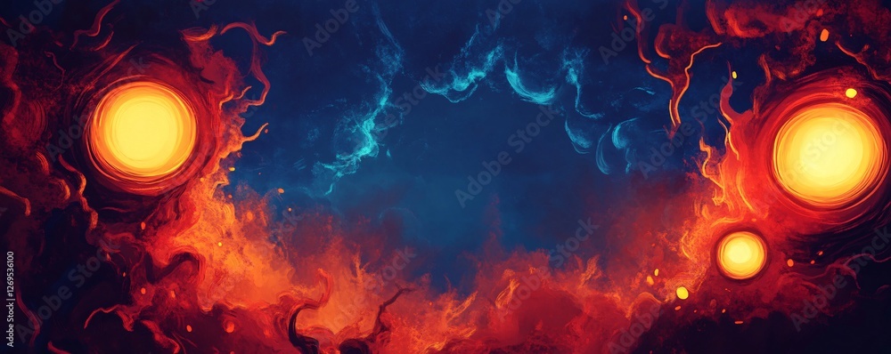 Poster abstract background showing fiery red and blue swirls framing bright lights