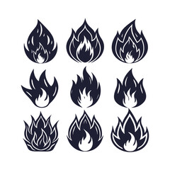 Collection of fire icons. Flame fire symbols. Conceptual fire flame icons. Bonfire silhouette logo. Set of flat-style flame symbols.
