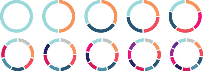 Pie chart icons. Segment slice sign. Circle section pie chart diagram. 1,2,3,4,5,6,7,8,9,10,11,12 steps. Pie chart infographic element round shape. Vector illustration