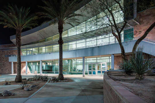 View of the University of California, Riverside UCR Palm Desert Center at night on February 5, 2025, in Palm Desert, California