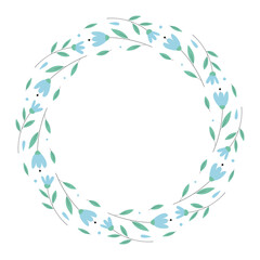 Spring wreath with blue flowers. Decorative element for cards, invitations, sale, scrapbooking. Vector illustration.