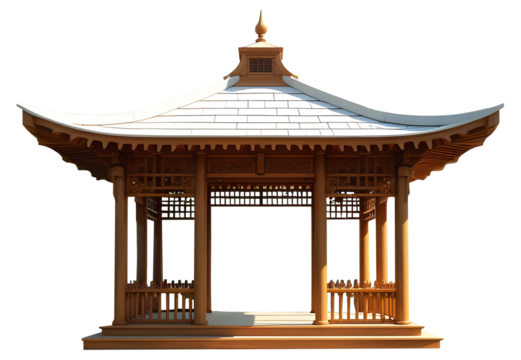 Elegant gazebo garden pavilion, rustic wooden architecture isolated outdoor, charming construction roof building white, classic tranquil serene, picturesque structural harmonious on white background