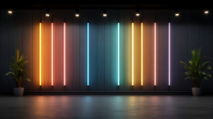Vibrant neon lights illuminate modern interior with plants
