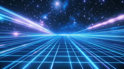 Vibrant retro 80s video game aesthetic with blue light grid over starry space background