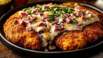 An overhead shot of Chicken Cordon Bleu served on a fine plate with a side of sauces asparagus and mashed potatoes