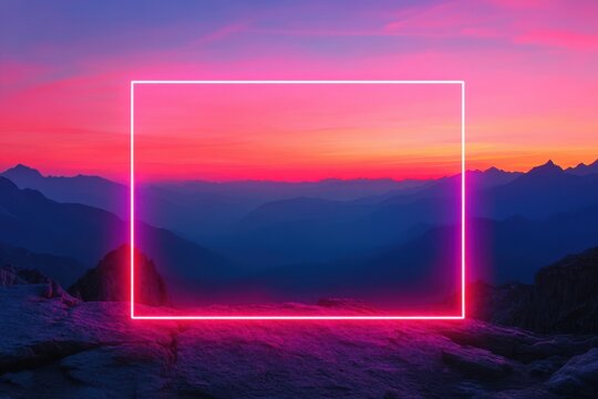 Neon Mountainscape:  A vibrant, abstract  photo with a neon pink square glowing against a  backdrop of hazy mountain silhouettes at sunset.