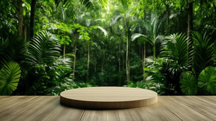 Fototapeta premium A circular wooden platform sits in a lush green jungle, surrounded by tall trees and dense foliage, creating a serene and natural atmosphere.