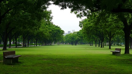 Serene Park Landscape With Two Benches Under Lush Trees