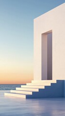 Minimalist structure by the sea at sunset.