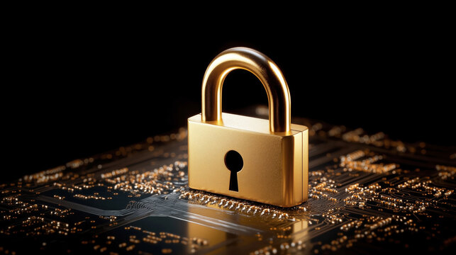 Gold padlock standing on digital circuit board for security concepts