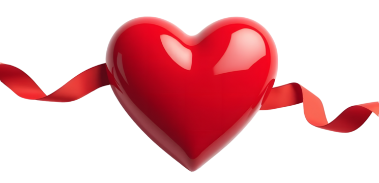 Red heart-shaped tag with a ribbon on a plain white background