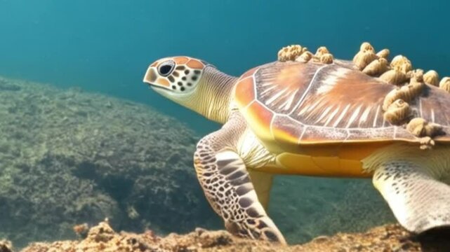 sea turtle on the beach with bernacle