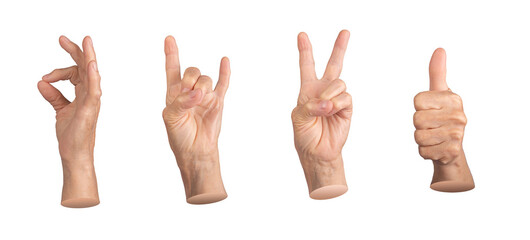 Set of elderly female hands making various gestures, including OK, rock sign, victory, peace, and...
