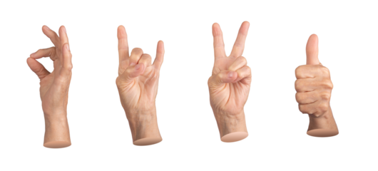 Set of elderly female hands making various gestures, including OK, rock sign, victory, peace, and thumbs up. Wrinkled fingers emphasizing age and expression. Isolated on white background.