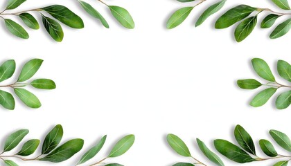 Fresh green leaves arranged in a beautiful frame against a white background.