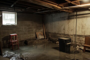 Flooded basement with red stool and window.
