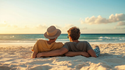 Fototapeta premium Couples Relaxing Together on Beach at Sunset with Ocean View