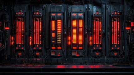 Futuristic server room; red lights illuminate; dark background; Sci-Fi tech