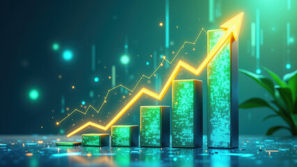 Financial growth illustrated with a rising digital bar graph set against a vibrant tech-themed background.