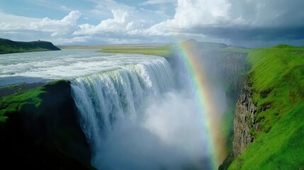 Icelandic waterfall rainbow landscape; nature travel background