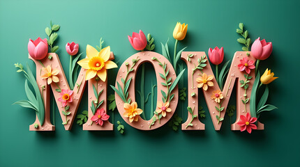 Paper mom letters with colorful flowers celebrating mother's day on a green background
