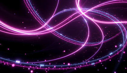 Neon pink and blue light streaks on black background, futuristic abstract design