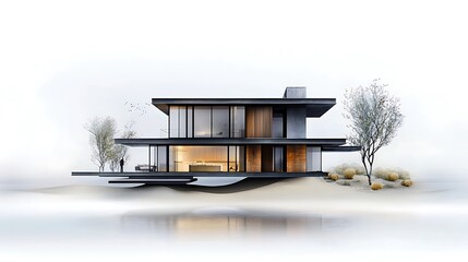 Technical architectural drawing of a conceptual desert house, featuring an open-plan structure with corten steel elements and textured ceramics. The precise, professional rendering includes 