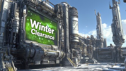 Futuristic Deserted Cityscape with Winter Clearance Advertising Signage