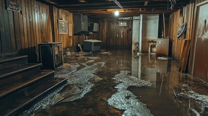 Flooded basement showing extensive water damage and decay.