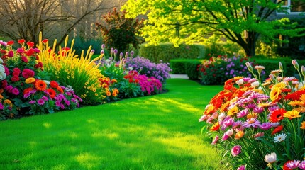 Vibrant Flower Garden Landscape Design with Lush Green Lawn