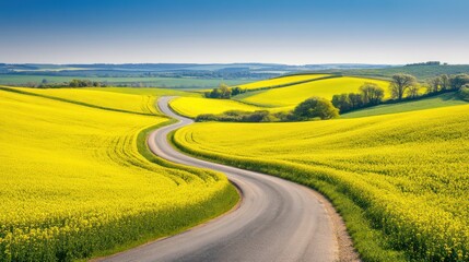 Obraz premium Winding road through yellow rapeseed fields, sunny hills