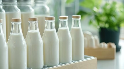 food safety and storage concept. Milk bottles in a bright setting