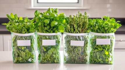 food safety and storage concept. Fresh herbs in clear bags on a kitchen counter