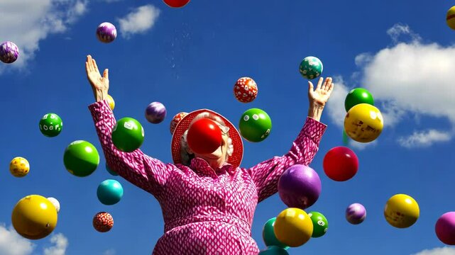 Joyful woman in vibrant dress celebrates under colorful balls in a clear blue sky