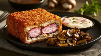 An exquisite serving of Chicken Cordon Bleu, plated with mushrooms and a rich cream sauce on the side 