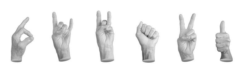 Set of elderly female hands making various gestures, including thumbs up, OK sign, rock sign, peace, victory, and clenched fist. Wrinkled fingers emphasizing age, expression, and communication.